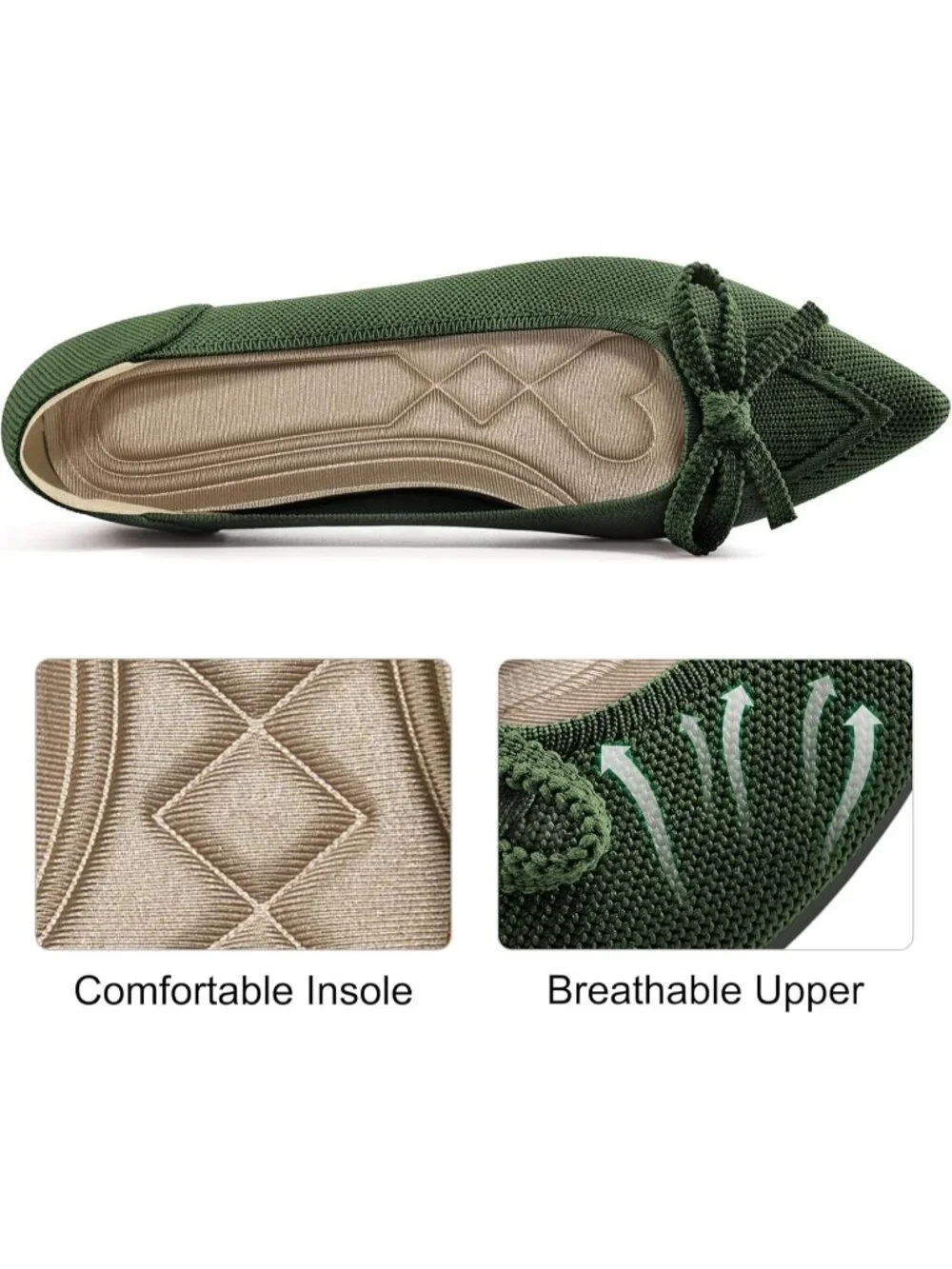 Women's Green Ballet Flats Shoes Dressy Pointed Toe Bow Knit Flats Comfortable